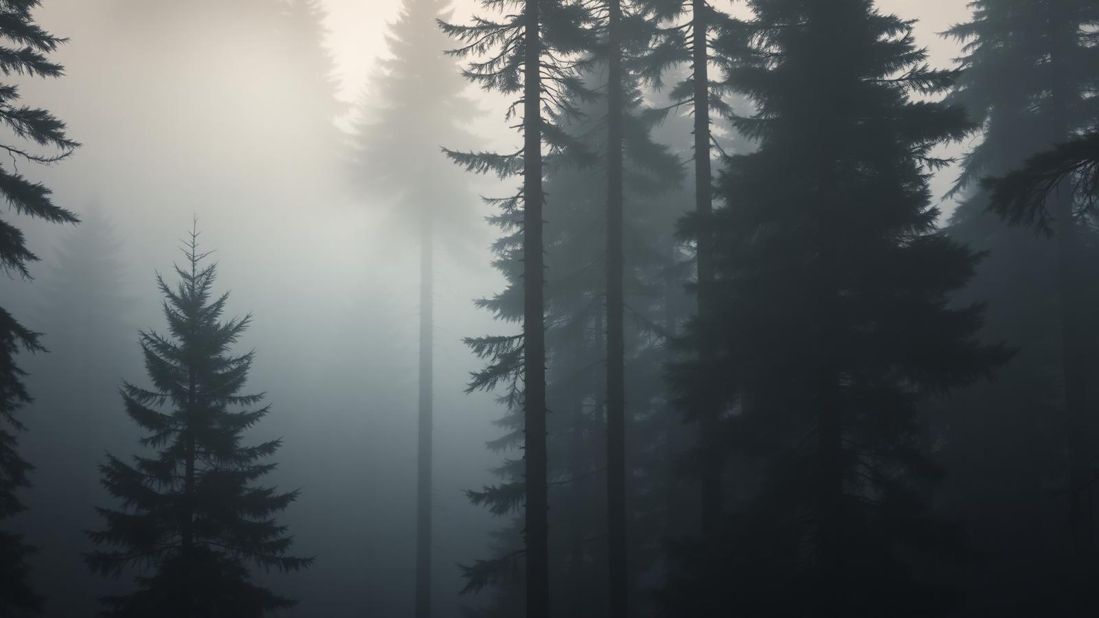 Nebliger Tannenwald im Morgenlicht