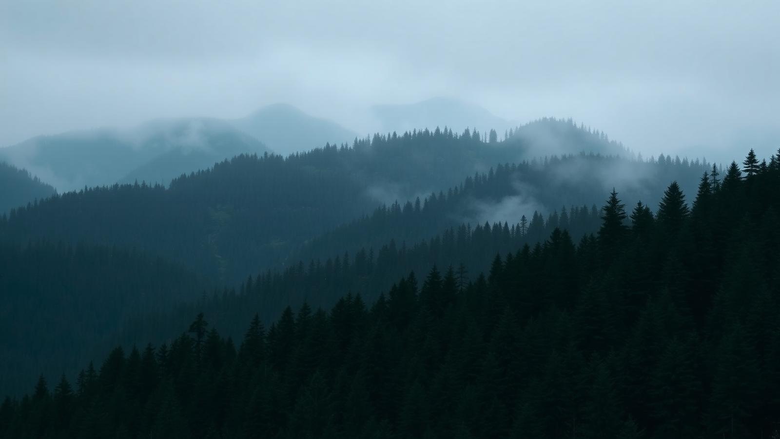 Nebelverhangene Nadelwaldkette